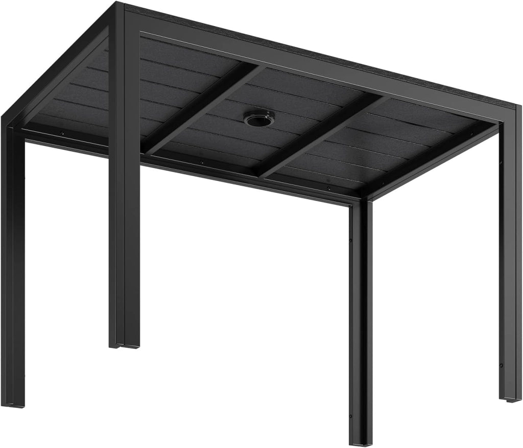 Tavolo da Giardino 110x70 cm con Foro per Ombrellone 4cm, Tavolo da Terrazzo in WPC per 4-6 Persone, Tavolo da Balcone Resistente alle Intemperie con Telaio in Alluminio, Nero