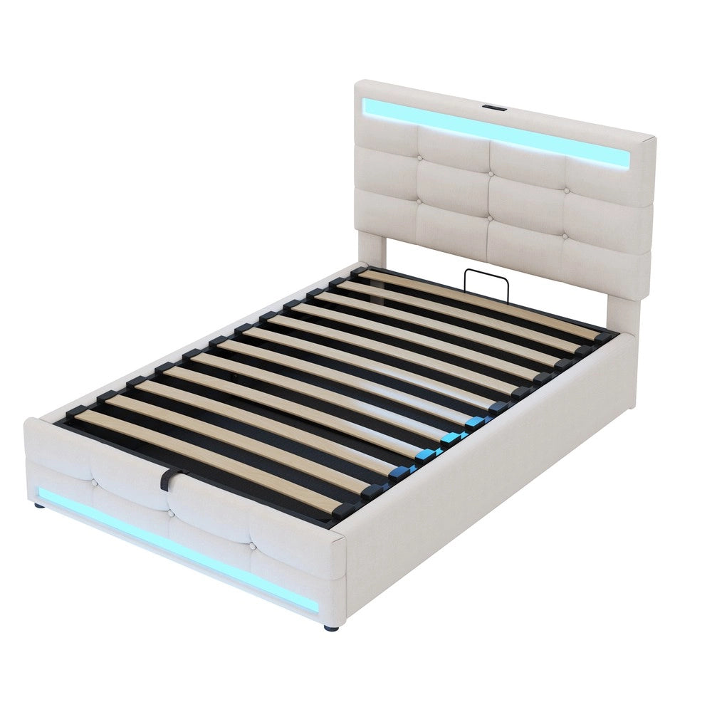 Letto Singolo Contenitore Imbottito 90x200 con LED e USB ¨C MINIMAL ¨C Beige