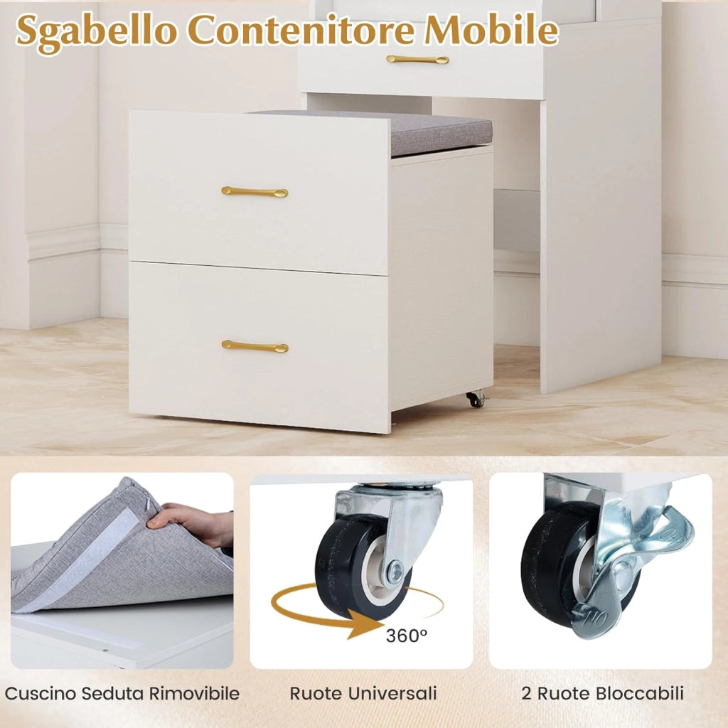 Toeletta da Trucco con Sgabello, Tavolo da Trucco con Specchio Ribaltabile Stazione di Ricarica, Ripiano Regolabile, Postazione Trucco con 2 Cassetti, Ganci, per Camera da Letto Soggiorno