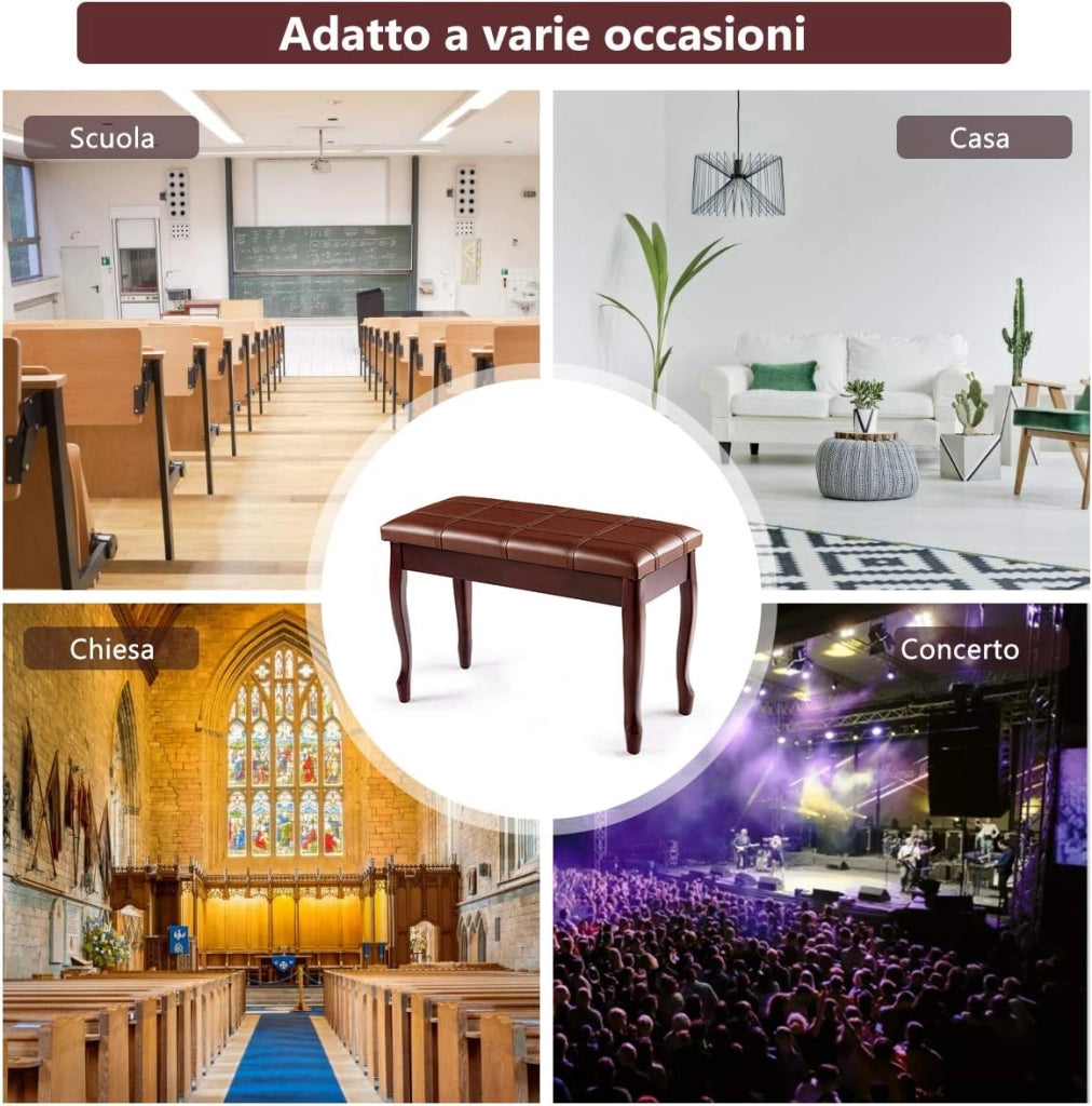 Panca per Piano Sgabello Panca Pianoforte, Cuscino Imbottito, con Scomparto di Immagazzinaggio, Costruzione in Legno Massiccio Rigido (Marrone)