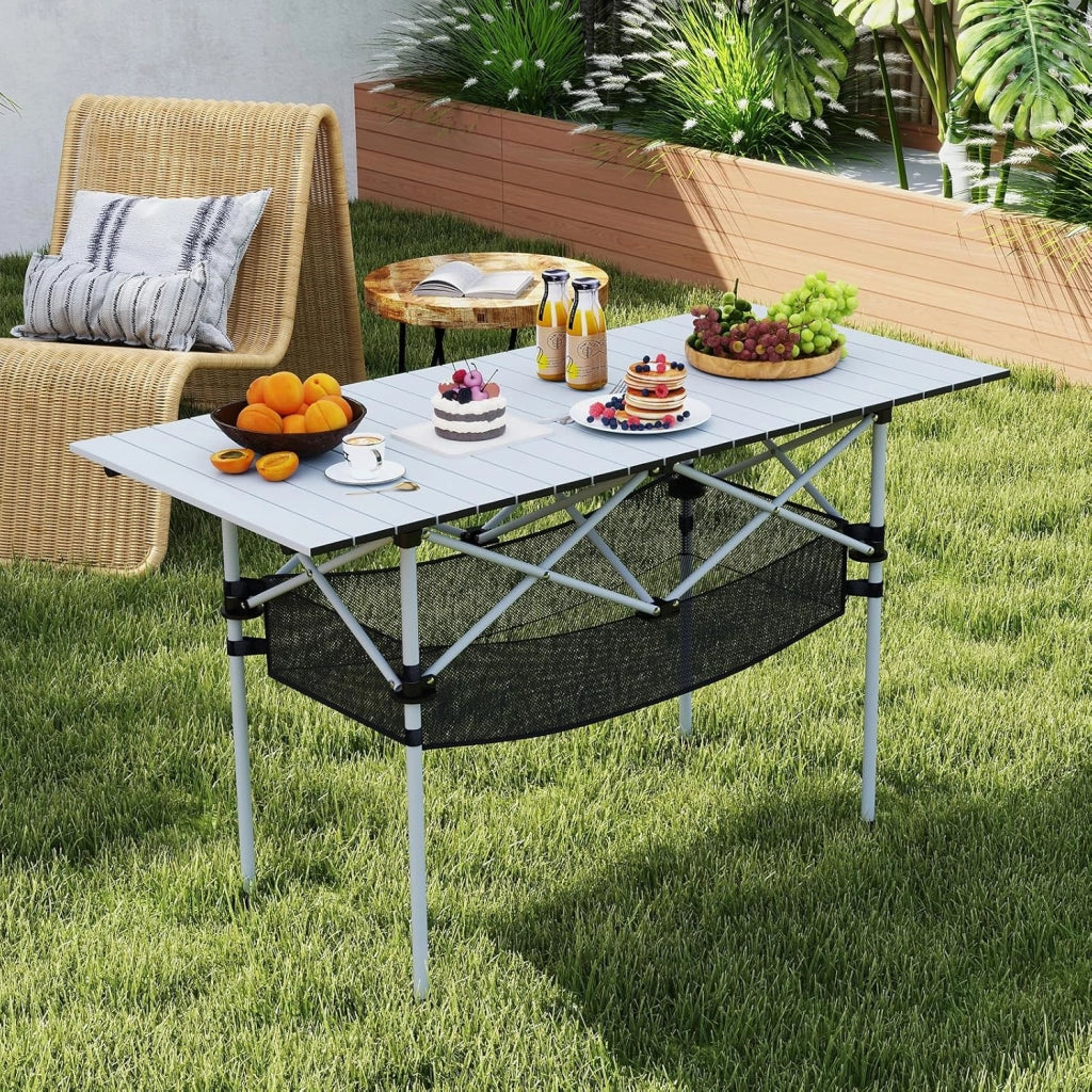 Tavolo da Campeggio Pieghevole in Alluminio, Portatile con Cestello in Rete e Borsa, Portata 100kg per Giardino Spiaggia Pesca (Argenteo)