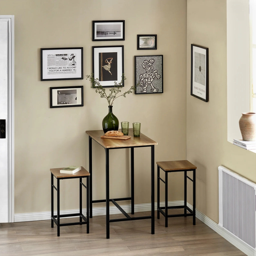 Set 3 Pezzi Tavolo con 2 sgabelli Mobile Bar per casa Stile Industriale Grigio, L80*P50*A88cm, Marrone OGT10-PF