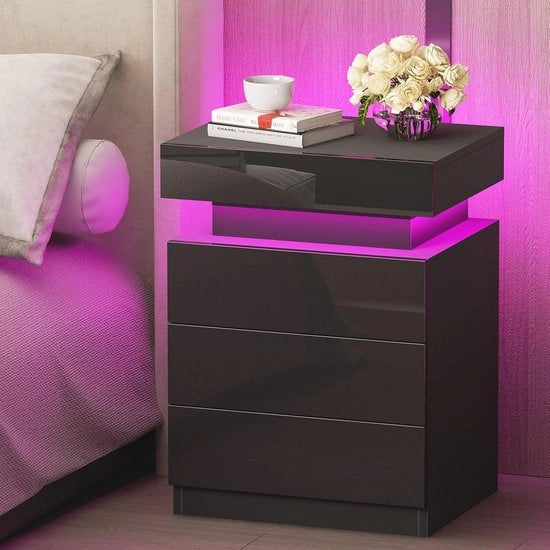 Comodino con 3 cassettoni e illuminazione LED RGB - Comodino lucido in legno per camera da letto e soggiorno