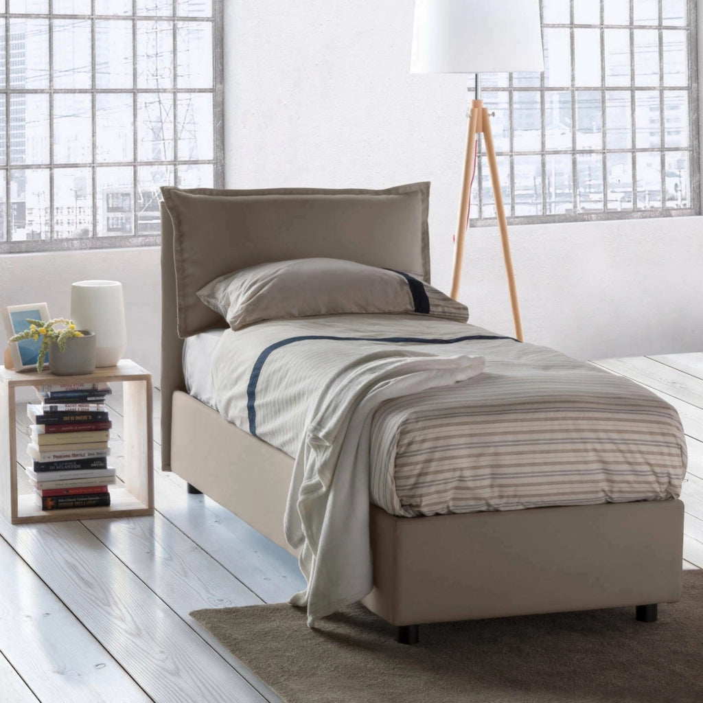 Letto singolo Aren, Letto contenitore con rivestimento in tessuto, Made in Italy, Apertura laterale, con materasso cm 80x190 incluso, Tortora