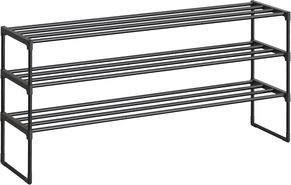 Scarpiera a 3 Ripiani, Scaffale Portascarpe in Metallo, per 20-24 Paia di Scarpe, Verticale o Capovolto, Impilabile, Ingresso, 30 x 117 x 55 cm, Nero LSA033B01