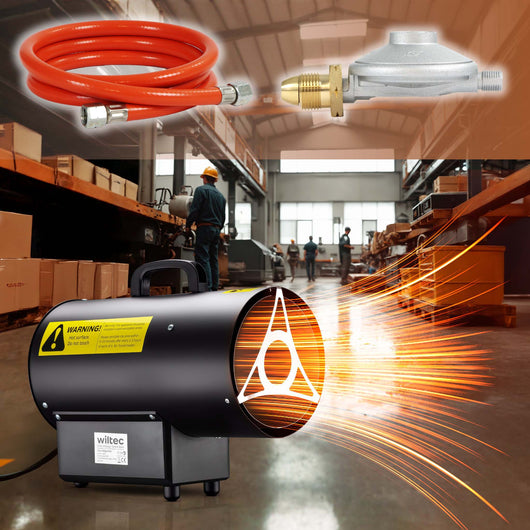 Generatore di calore a gas GPL, 15 kW 30 W 320m³/ora, cannone aria calda con avviamento piezoelettrico, incluso riduttore di pressione del gas per Regno Unito 700 mbar con tubo da 1,5 m