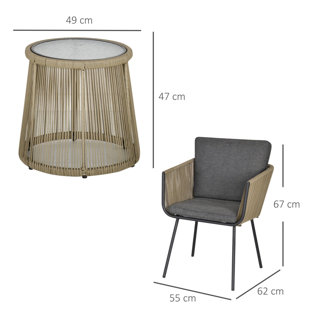 Set da Giardino 2 Sedie in Stile Boho e Tavolino in Vetro in Rattan Caffè