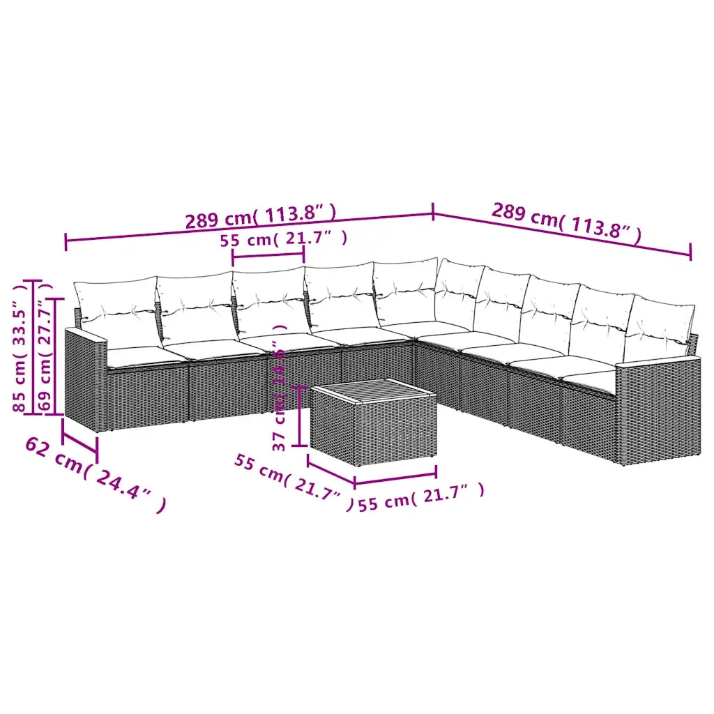 Set Divani da Giardino 10 pz con Cuscini Grigio in Polyrattan 3226068
