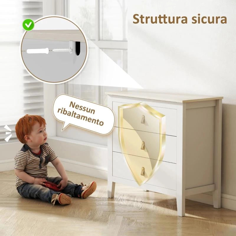 CASSETTIERA PER CAMERA DA LETTO A 3 CASSETTI CON MANIGLIE IN FINTA PELLE, 80X40X78.5 CM, BIANCO