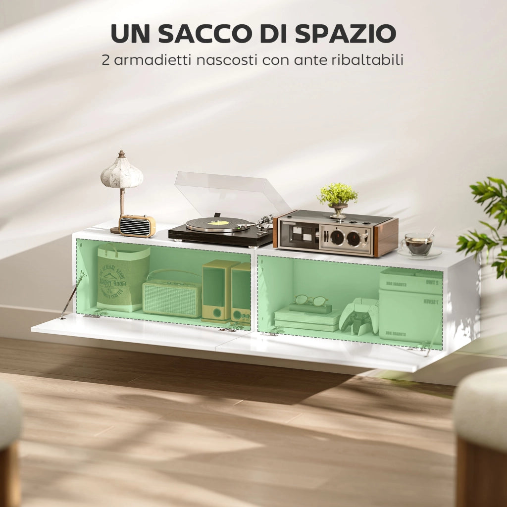 Mobile Sospeso con Armadietti con Ante a Ribalta 140x33x29,8 cm in Truciolare Bianco Lucido