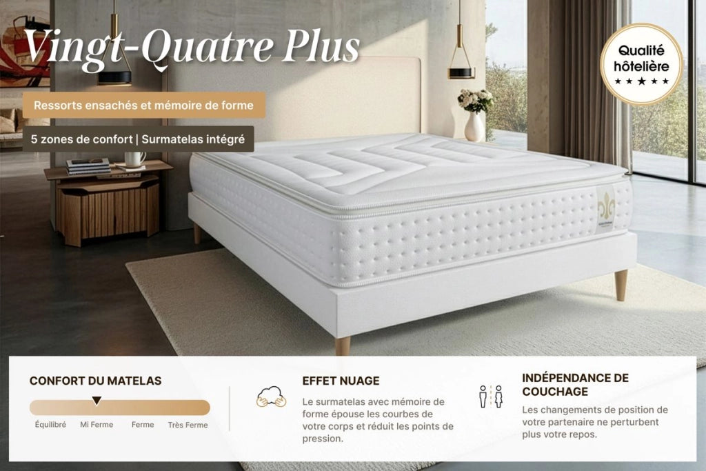 Pacchetto letto completo - Materasso 140x190cm + Box spring con doghe (kit) + 2 cuscini + Piumino - Vingt-Quatre PLUS