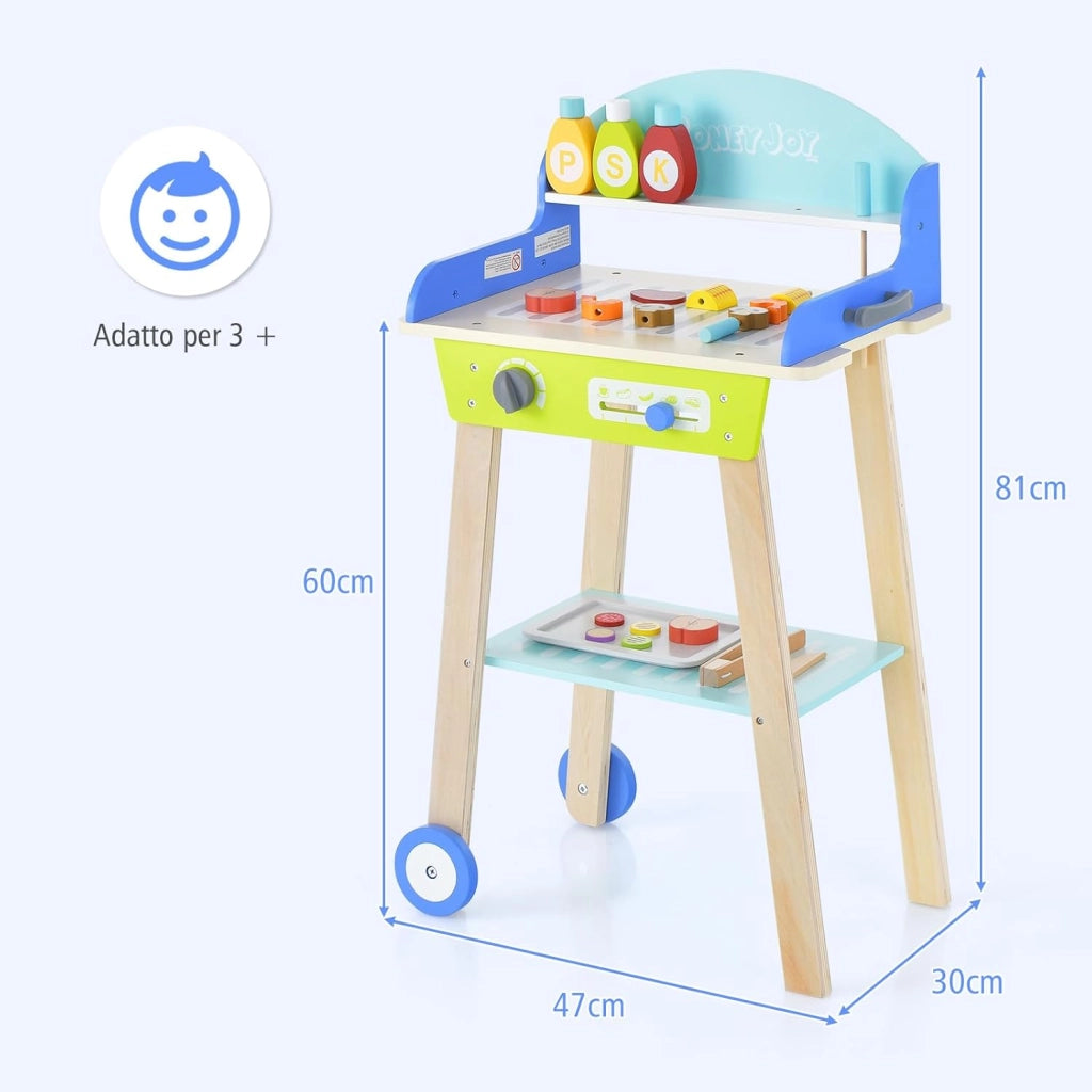Set da Gioco Barbecue per Bambini, Set da Barbecue Giocattolo con Utensili da Grigliata in Legno e Alimenti Giocattolo, Maniglia Scorrevole e Ruote Lisce
