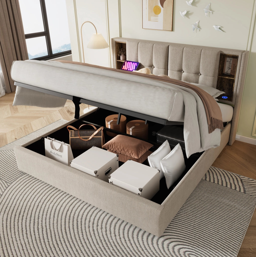 Letto imbottito 180x200 cm con contenitore; ricarica wireless; USB e Type-C; lino naturale
