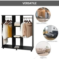Armadio con 2 Guardaroba, 5 Ripiani e 6 Ruote, in Legno e Alluminio, 120x40x128 cm, Nero