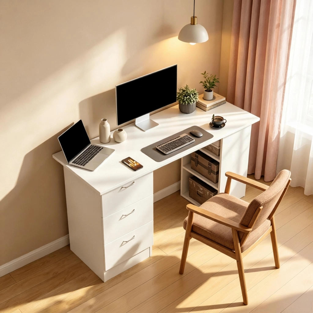 SCRIVANIA da computer 120 cm MDF bianco con 3 cassetti e 3 ripiani