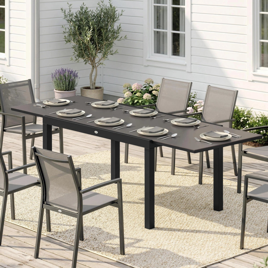 Tavolo da Giardino Allungabile per 8-10 Persone con Piano in Vetro Temperato, in Alluminio, 140/240x90 cm, Nero