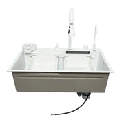 Lavello da cucina multifunzionale in acciaio inox con due rubinetti, funzione cascata, lavapentole, dispenser di sapone, scolapiatti, vassoio, tagliere e accessori di scarico inclusi, dimensioni 75x46x23,5 cm.
