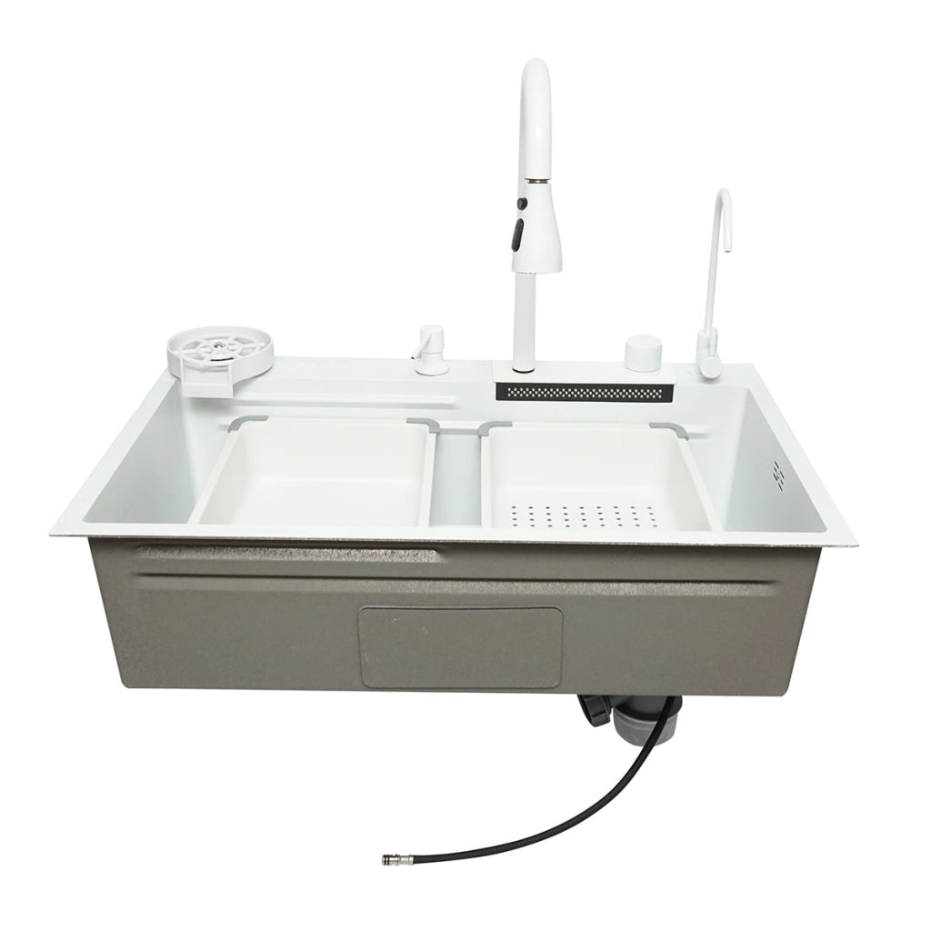 Lavello da cucina multifunzionale in acciaio inox con due rubinetti, funzione cascata, lavapentole, dispenser di sapone, scolapiatti, vassoio, tagliere e accessori di scarico inclusi, dimensioni 75x46x23,5 cm.