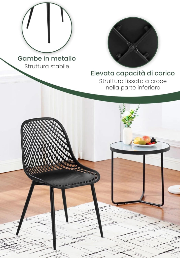 Confezione da 4 Sedie da Pranzo Sedie da Cucina con Gambe in Metallo Schienale Curvo con Design Ritagliato Seduta in PP di Alta Qualità, Sedie da Salotto e da Camera da Letto, Nero K0023EZS-4