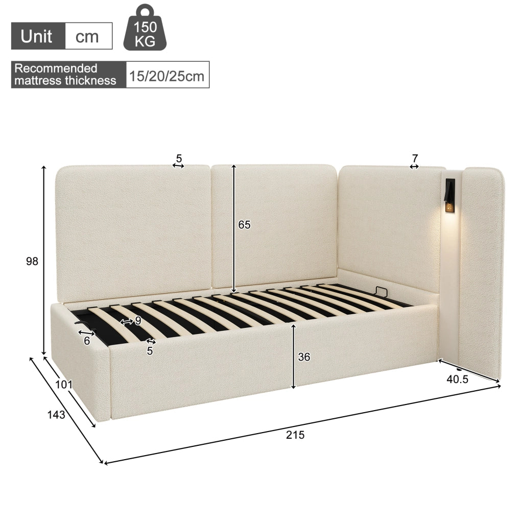 Letto imbottito 90x200 cm con contenitore idraulico; USB C e lampada da lettura; tessuto bouclé beige