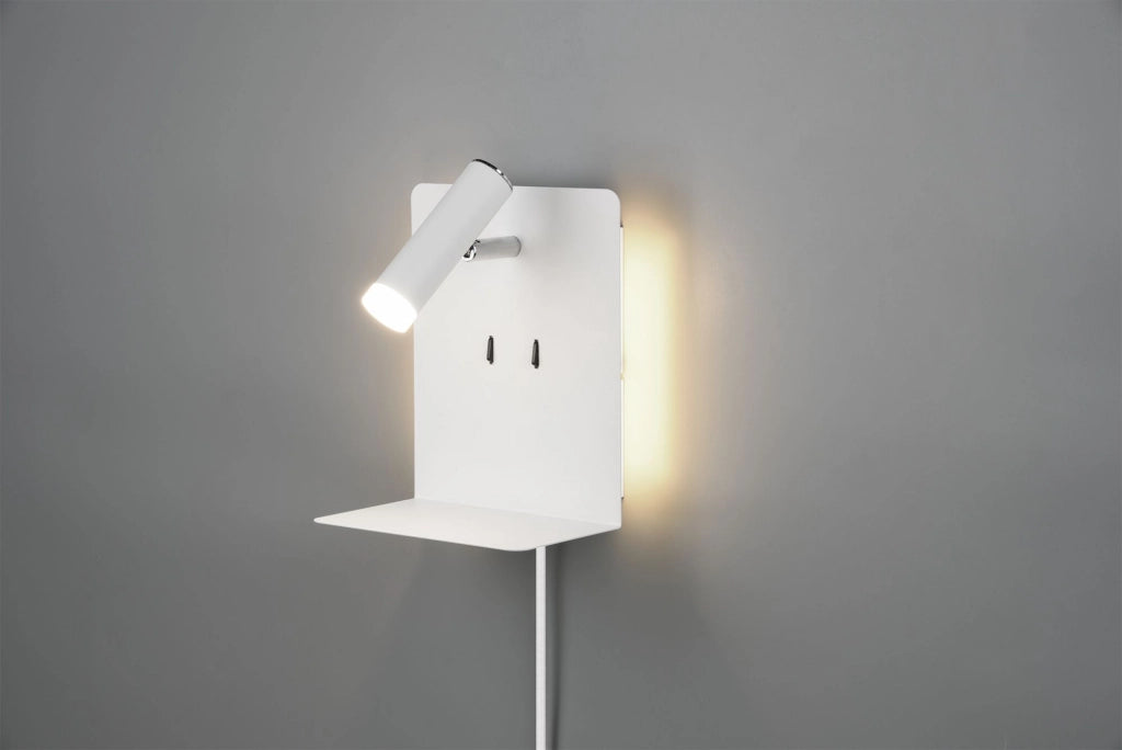 ELEMENT APPLIQUE LED 3W 220lm, 3000K- 1,5W  150lm, 3000K METALLO BIANCO RETRO ILLUMINATA CON SPOT CON MENSOLA E PORTA USB RICARICA SMARTPHONE H.20CM