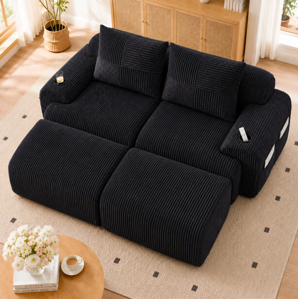 Divano modulare a 2 posti in tessuto corduroy nero con portabicchieri e tasca laterale; 200 x 174 x 80 cm