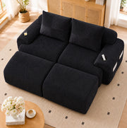 Divano modulare a 2 posti in tessuto corduroy nero con portabicchieri e tasca laterale; 200 x 174 x 80 cm