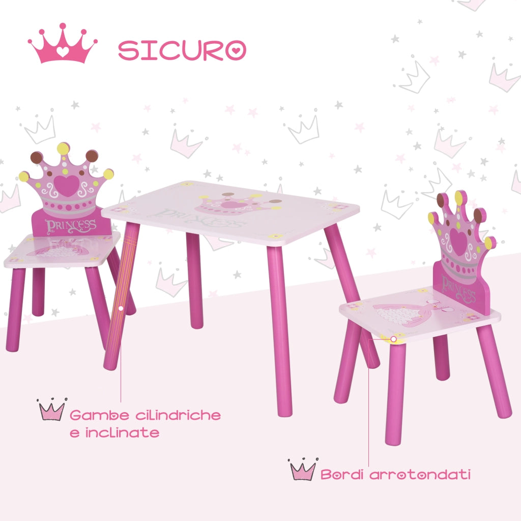 Set Tavolo e 2 Sedie Bambini ¨C zephmum ¨C Legno Rosa con Schienale a Corona