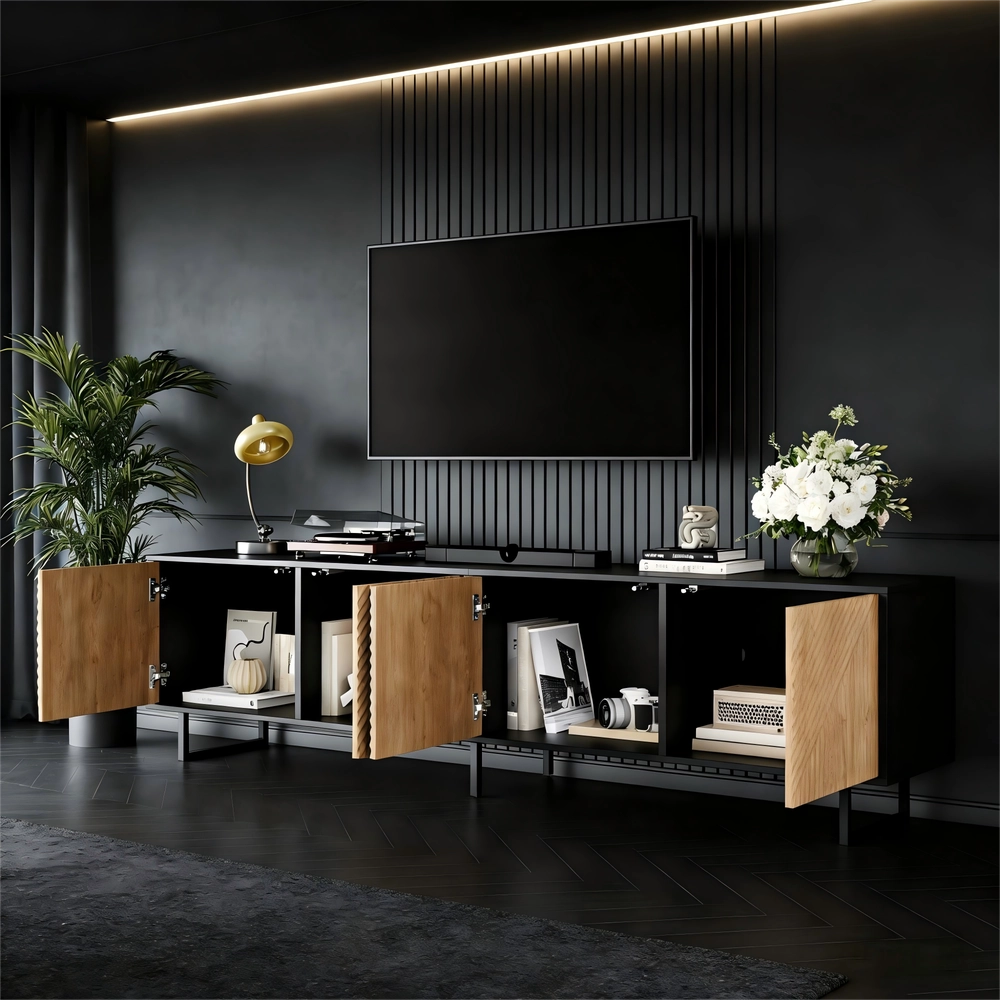 Mobile TV con 4 Ante per Soggiorno ¨C Xylo ¨C Legno Naturale e Nero, 180x40x50 cm