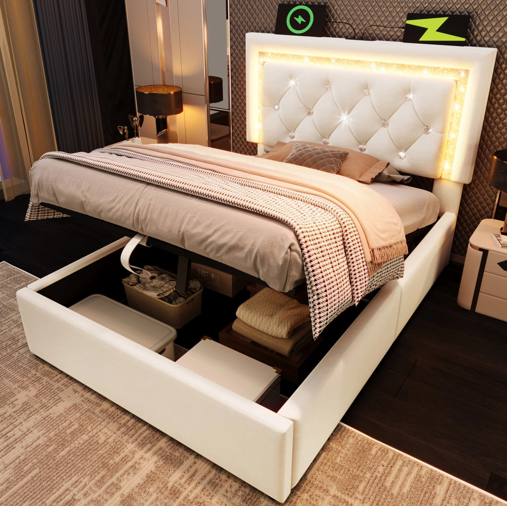 Letto matrimoniale 90x200 cm in velluto con LED, USB e contenitore idraulico