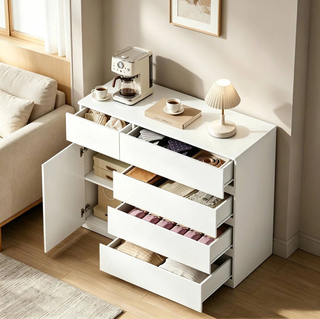 Mobile contenitore bianco con 5 cassetti e armadietto; 100 x 40 x 80 cm