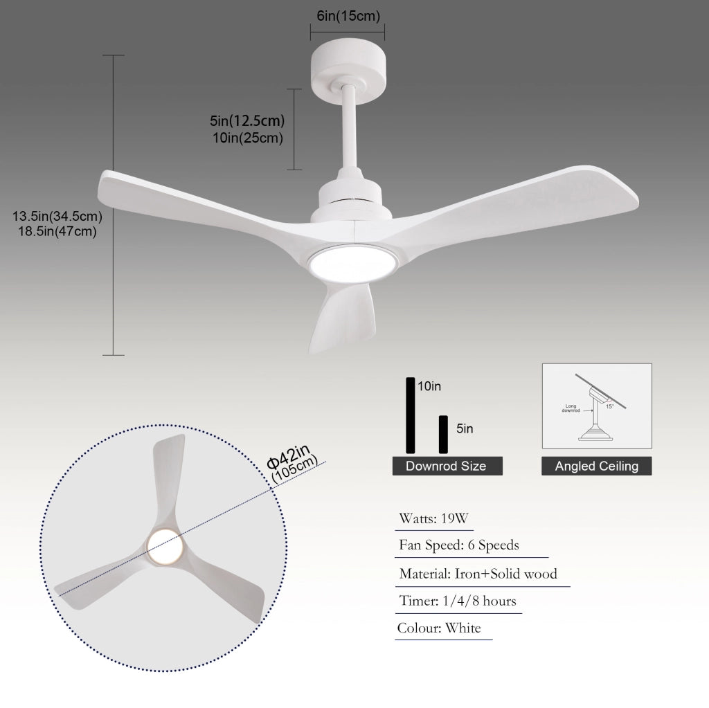 Ventilatore da soffitto 42" con LED 3CCT, motore DC reversibile, telecomando, bianco