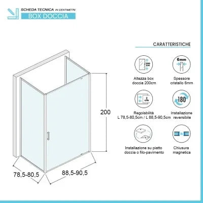 Box doccia 80x90x80 cm con porta a battente trasparente H 200 cm Ted