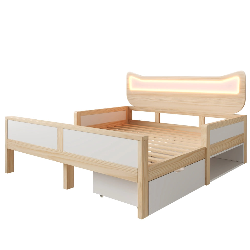 Letto matrimoniale 140x200 cm con testiera a forma di gatto, LED RGB, cassetto e contenitore, bianco e rovere