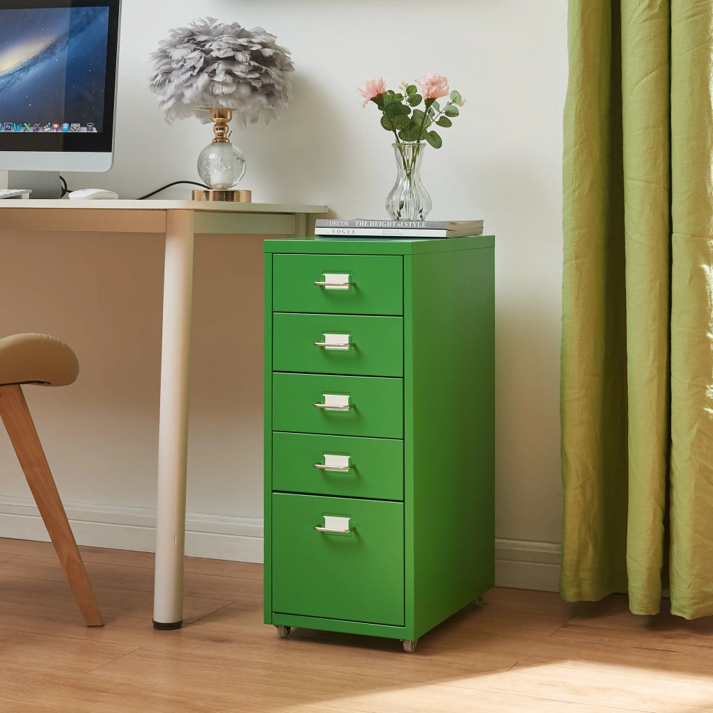 Cassettiera Kökar in Acciaio Mobile Archivio con 5 Cassetti e Rotelle - Verde Mela [en.casa]