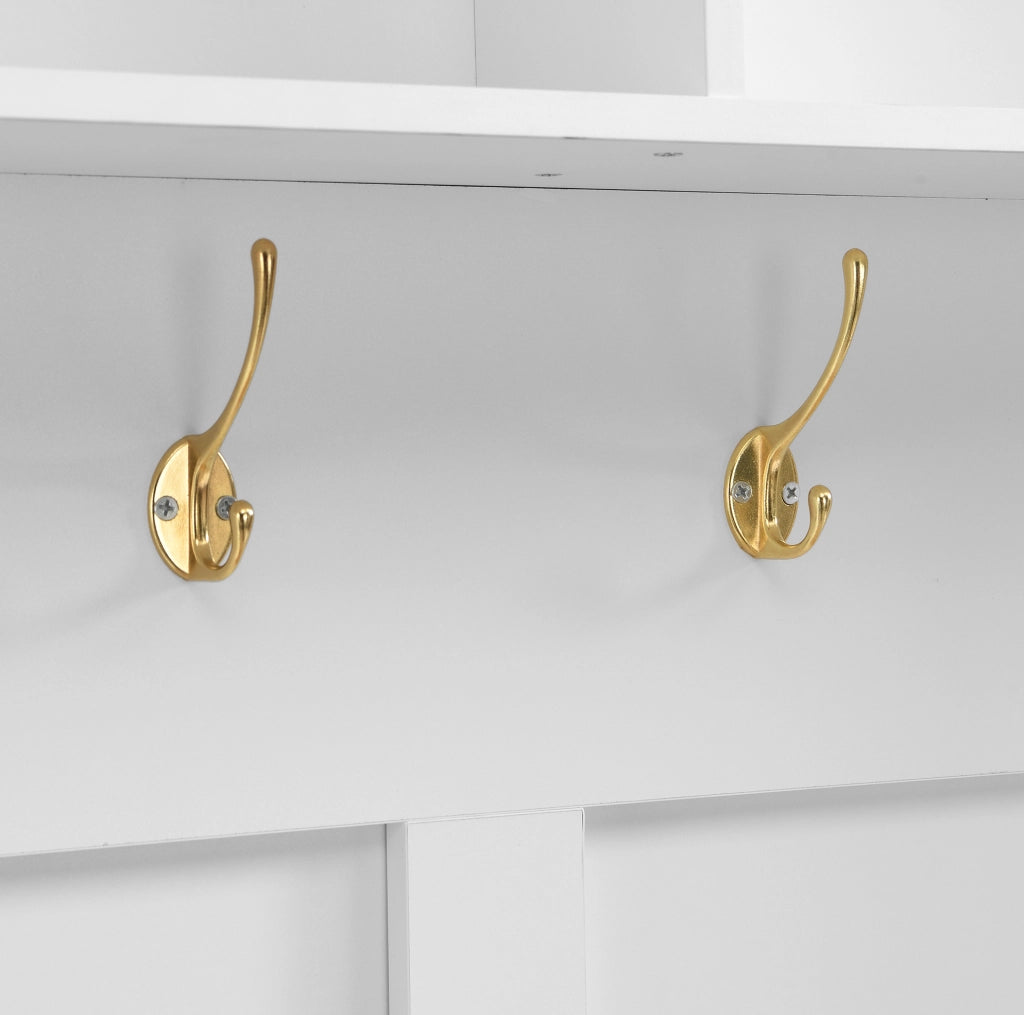 Mobile da ingresso 120x40x187 cm con LED, specchio, ganci e cassetti in MDF bianco e color legno