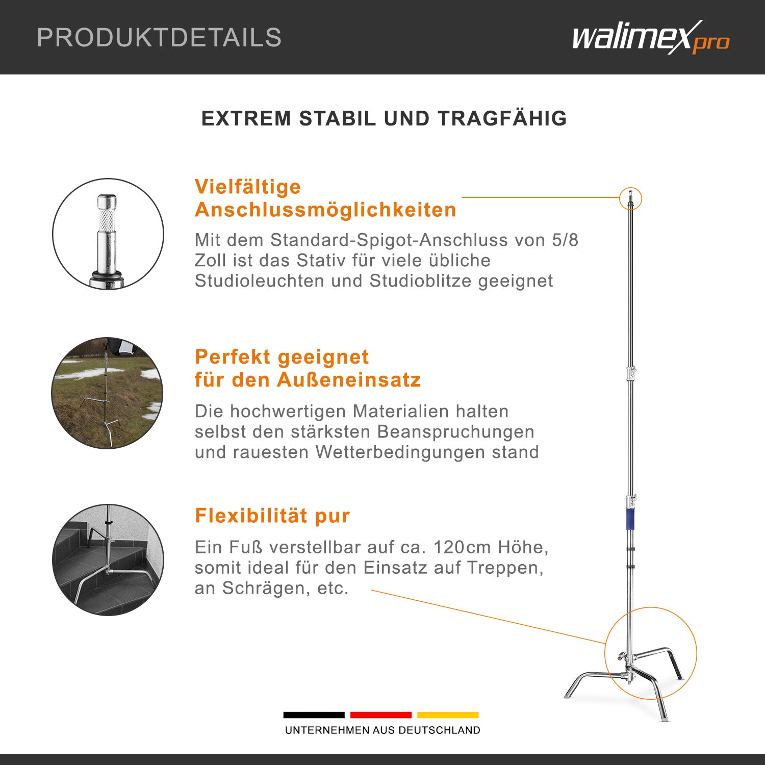 C-Stand per fotografia, Stativo per luci fotografiche flash da studio, 750x750x1400 mm, mac 11 kg , con piede regolabile e spigot 5/8" Spigot, Treppiedi fotografico