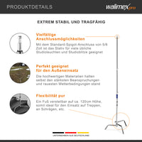 C-Stand per fotografia, Stativo per luci fotografiche flash da studio, 750x750x1400 mm, mac 11 kg , con piede regolabile e spigot 5/8" Spigot, Treppiedi fotografico