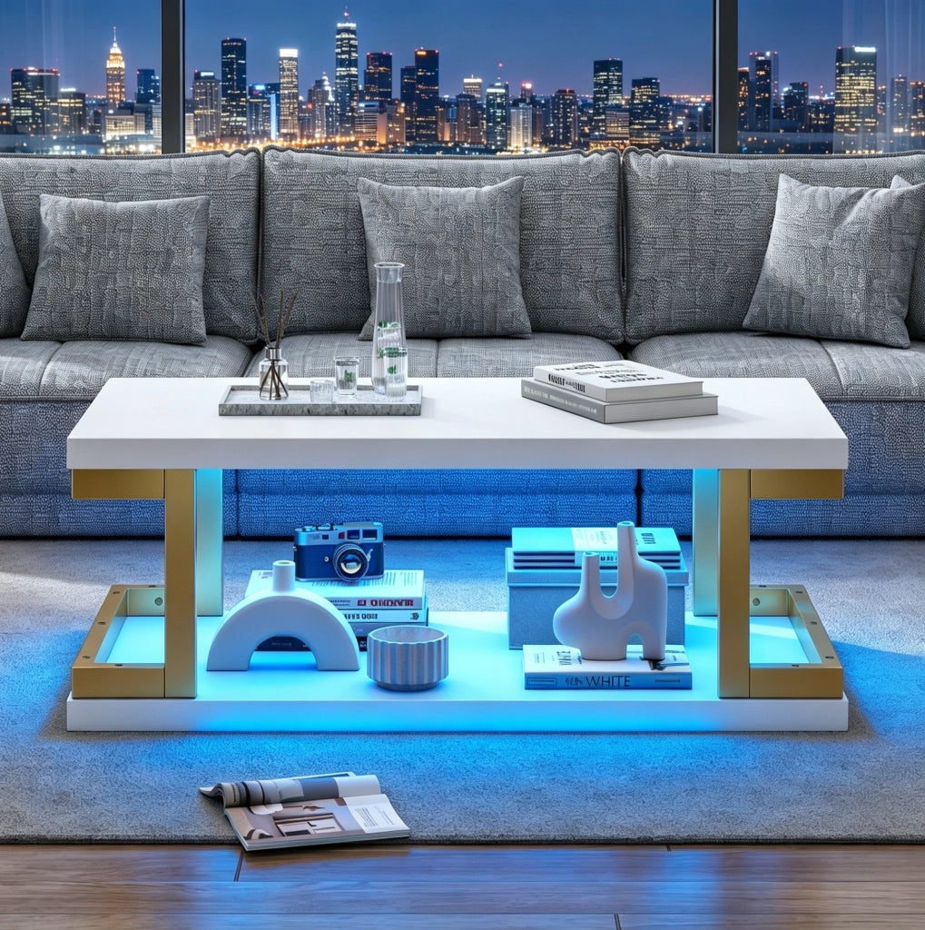 Tavolino da caffè 100x50x37.5 cm con illuminazione LED in MDF e metallo bianco e oro
