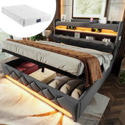 LETTO Contenitore 140x200 cm in lino grigio con materasso incluso, LED e USB