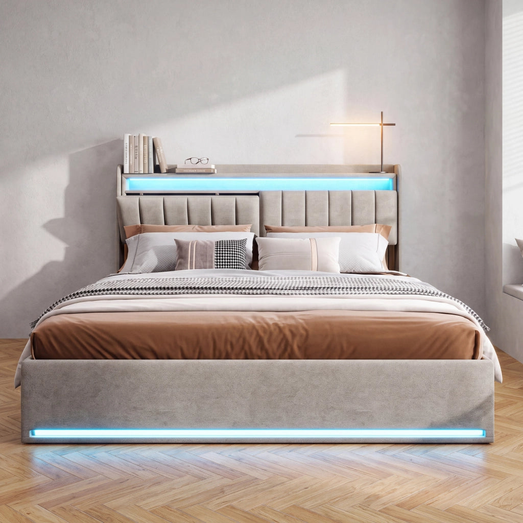 Letto matrimoniale 160x200 con contenitore; letto matrimoniale contenitore con testiera LED; struttura letto matrimoniale imbottita in velluto grigio