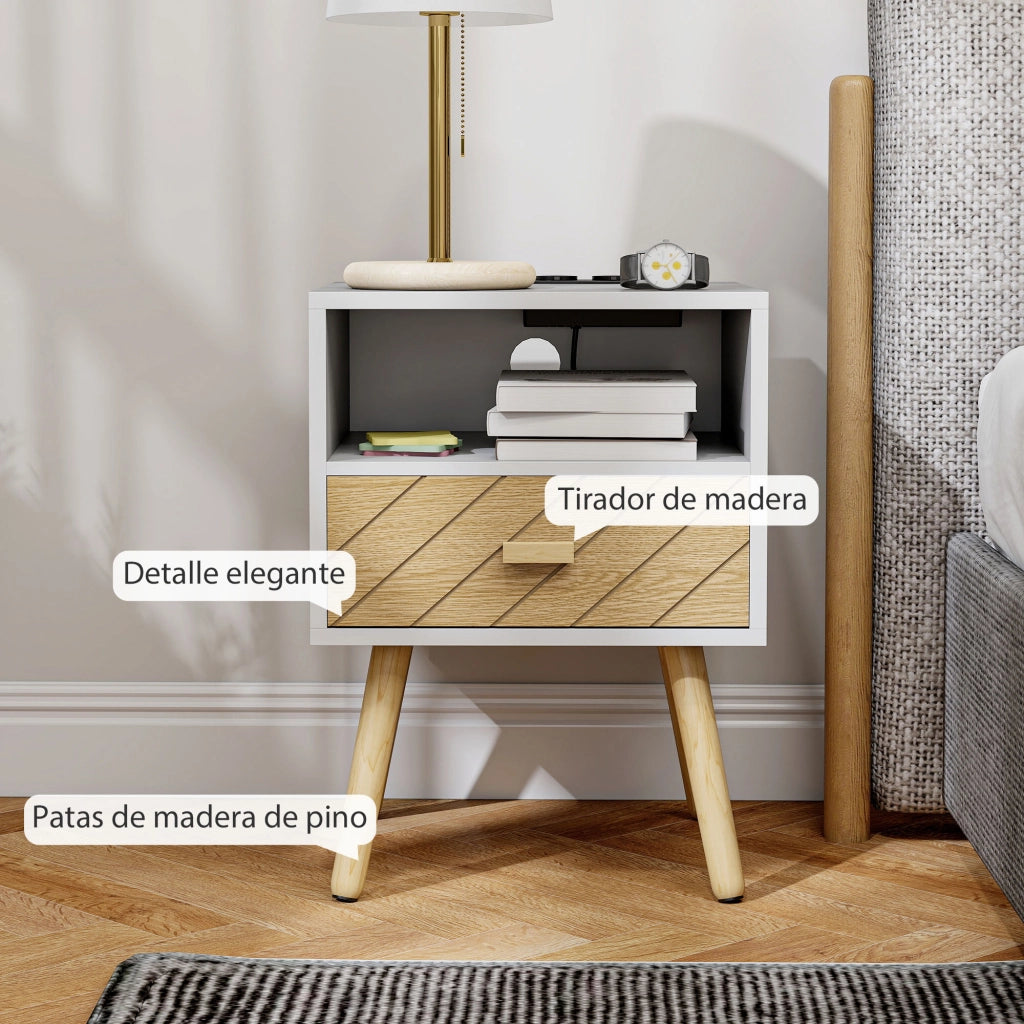 Comodino con Cassetto e Caricatore ¨C Minimal ¨C Legno Bianco 40x40x50