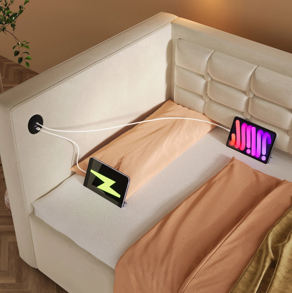Letto divano imbottito 90x200 cm con contenitore idraulico, ricarica USB e Type-C, beige