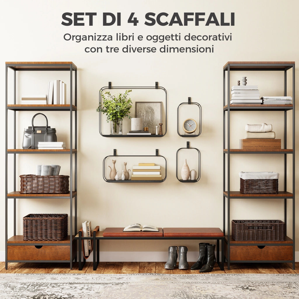 Set 4 Pezzi Mensole Flottanti Geometriche per Soggiorno in Metallo e MDF Nero