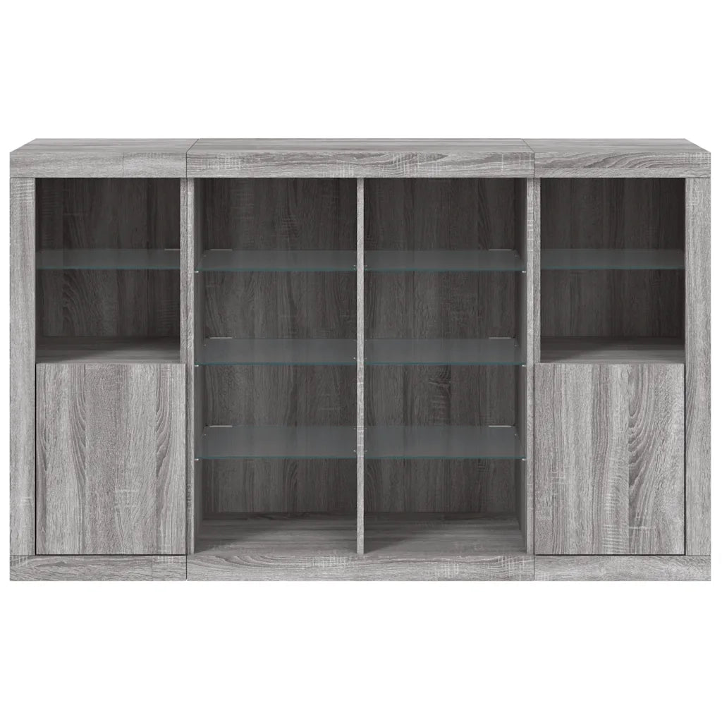 Credenze con Luci LED 3 pz | Madia | Buffet da pranzo | Armadio da pranzo Grigio Sonoma in Legno Multistrato