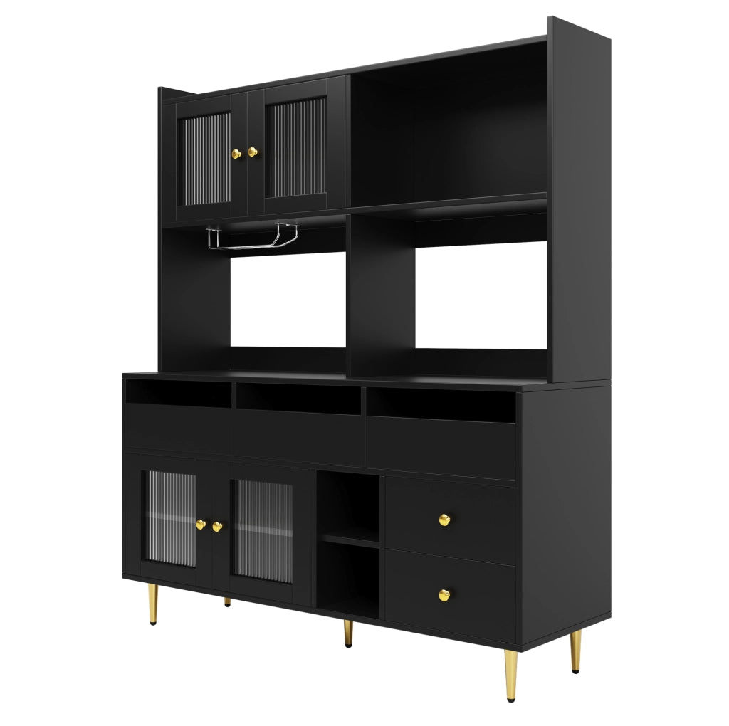 Credenza 145x39x171 cm con ante in vetro Changhong e portabottiglie; MDF e metallo; nero
