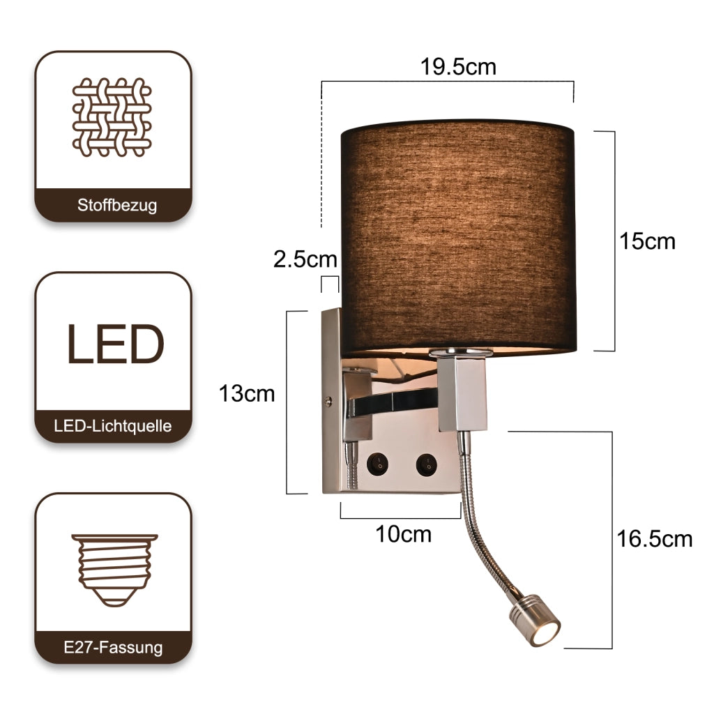ZMH Lampada da Parete Nera Orientabile con Paralume in Tessuto Rotondo E27 per Camera da Letto Corridoio