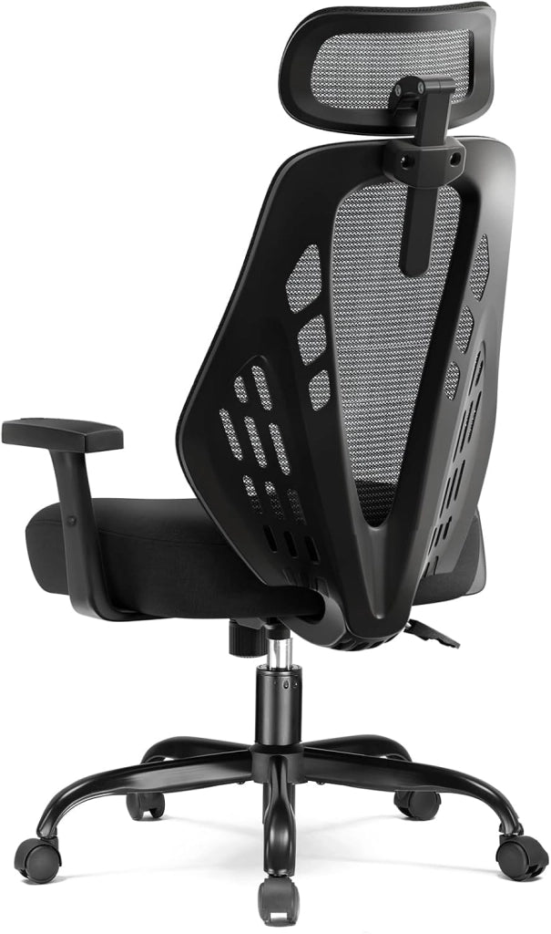 Sedia da ufficio ergonomica con braccioli regolabili, in rete traspirante, schienale a forma di V, funzione basculante, seduta in schiuma ad alta densità, colore nero