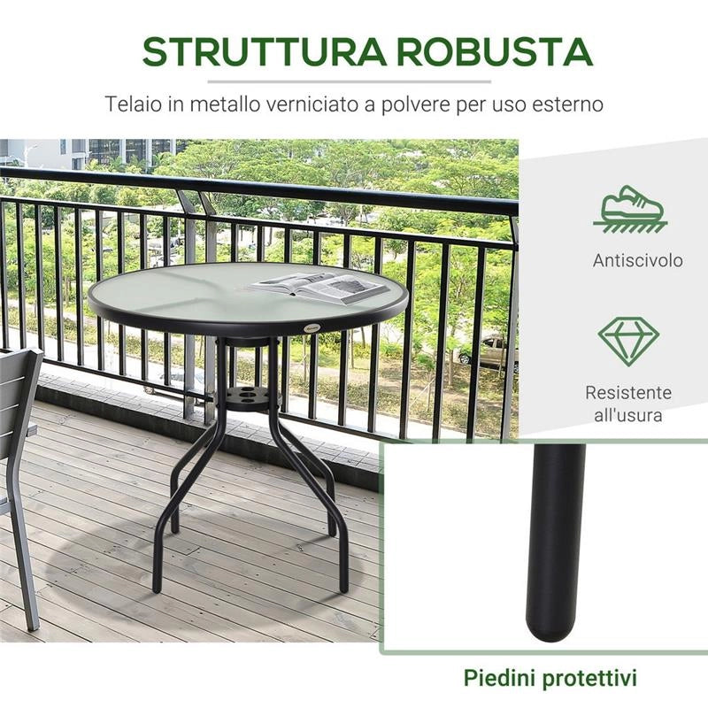 TAVOLINO DA GIARDINO CON PIANO IN VETRO TEMPERATO E FORO 80 X 72 CM NERO