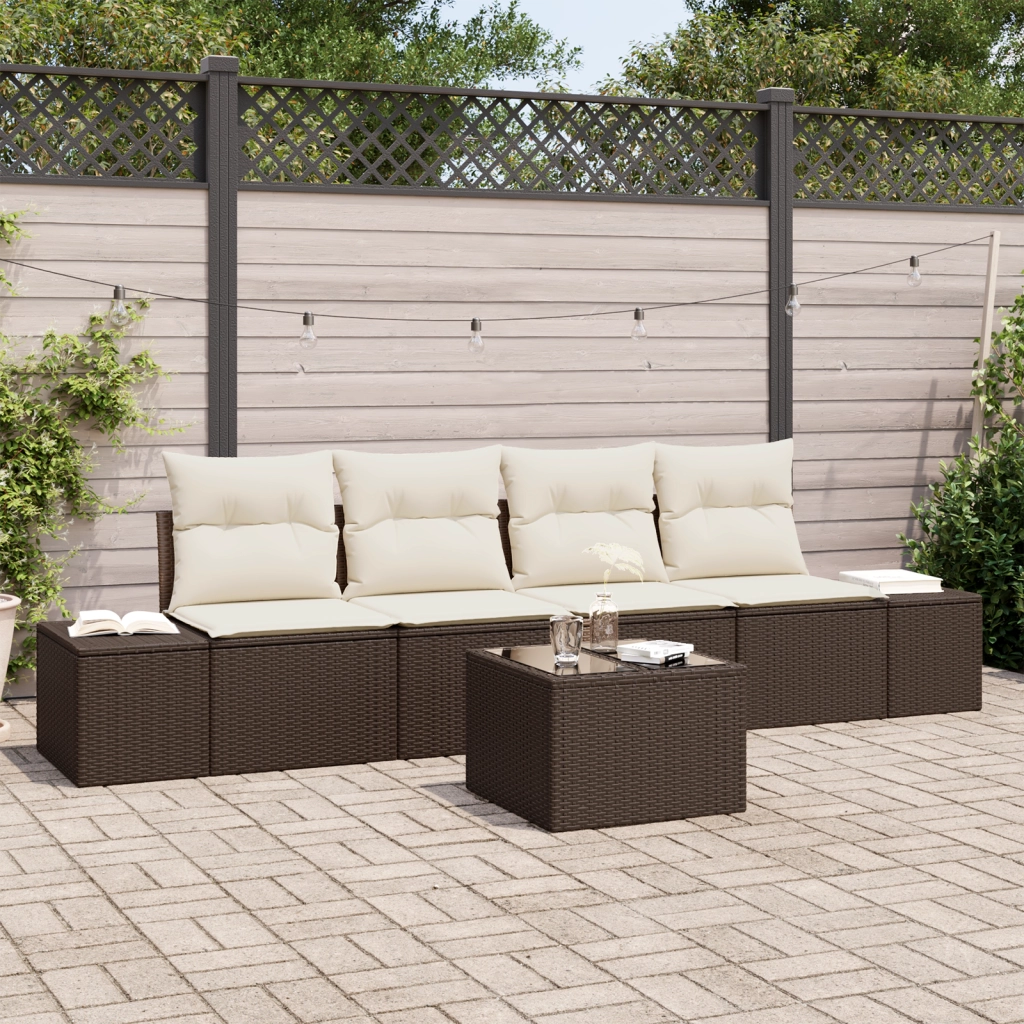 Set Divano Giardino 5 Pezzi con Cuscini Marrone Polyrattan